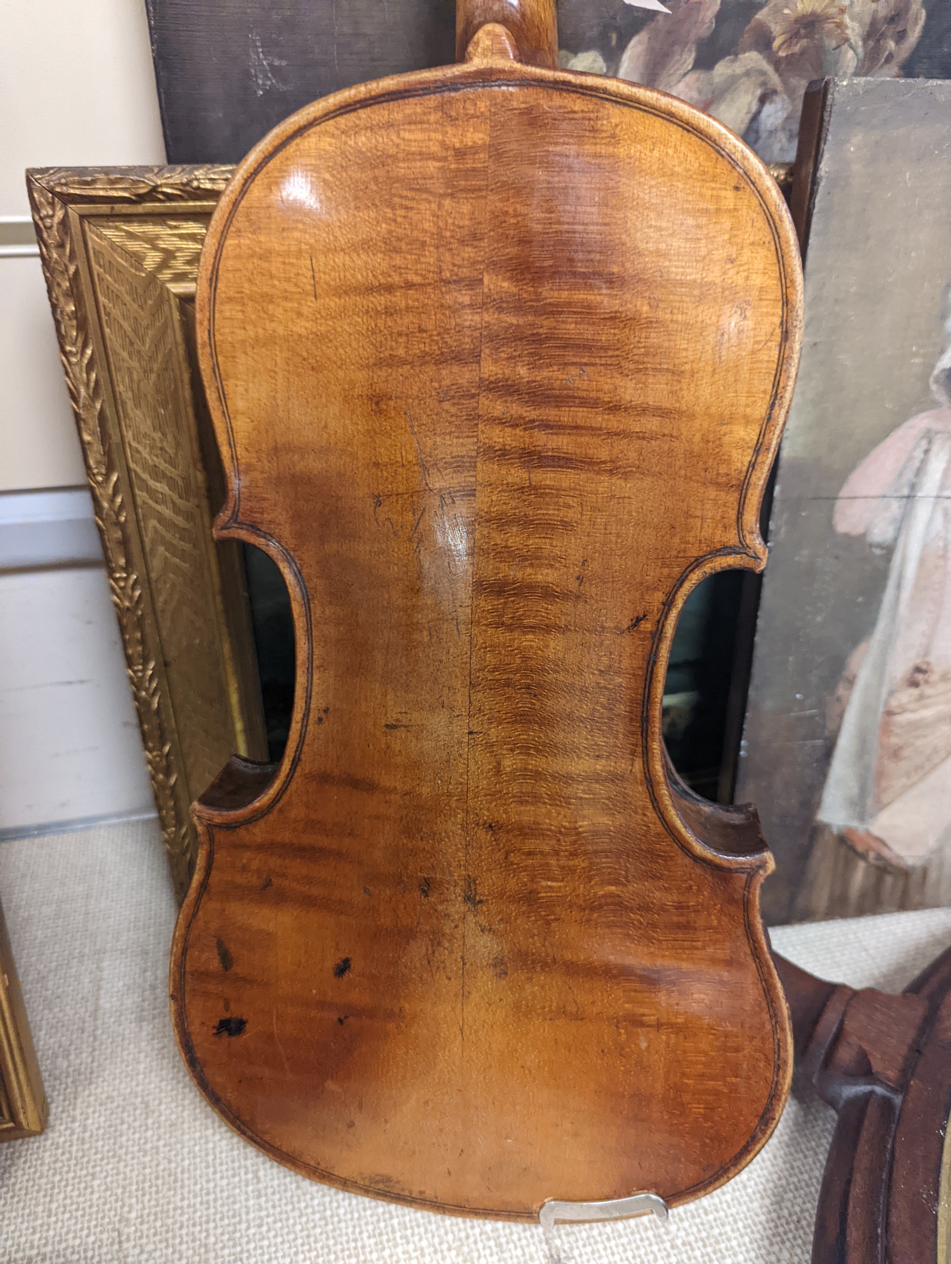 A 19th century Violin, lob. 35.5cm and bow in case